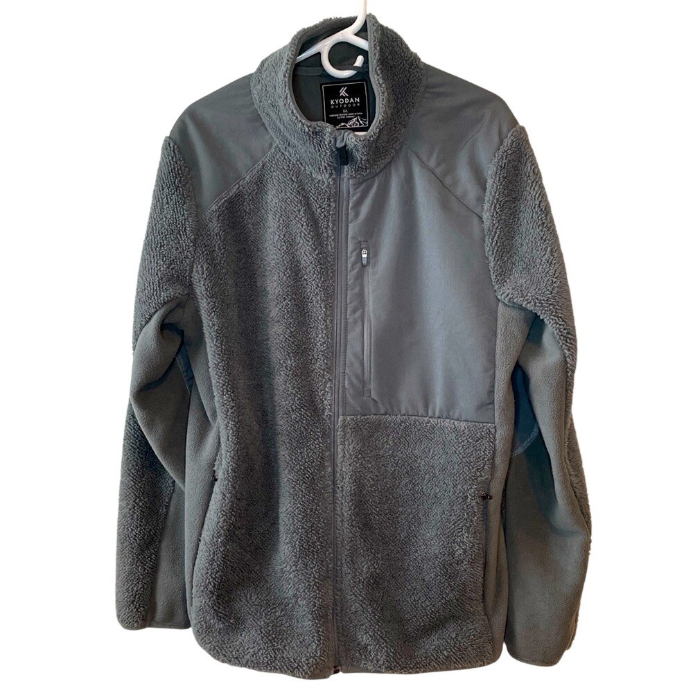 Fleece Gray‎ Sweater Jacket Outdoor Full Zip Faux Sherpa Long Sleeve Men's Large